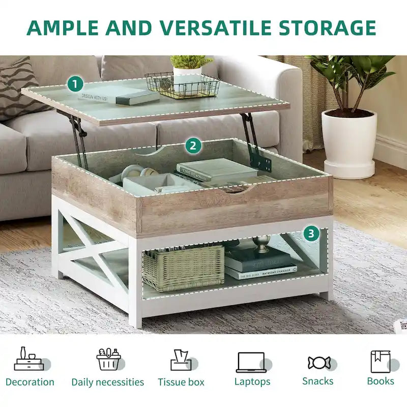 Tavolino quadrato con ripiano elevabile, contenitore e mensola Moasis Farmhouse