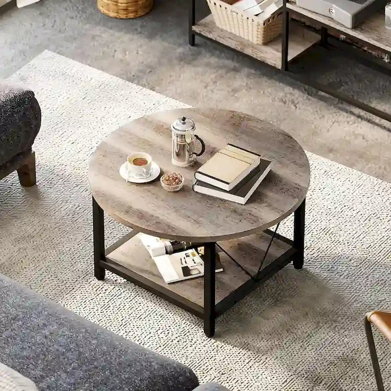 Tavolino da caffè rotondo a 2 ripiani Moasis Industrial con mensola