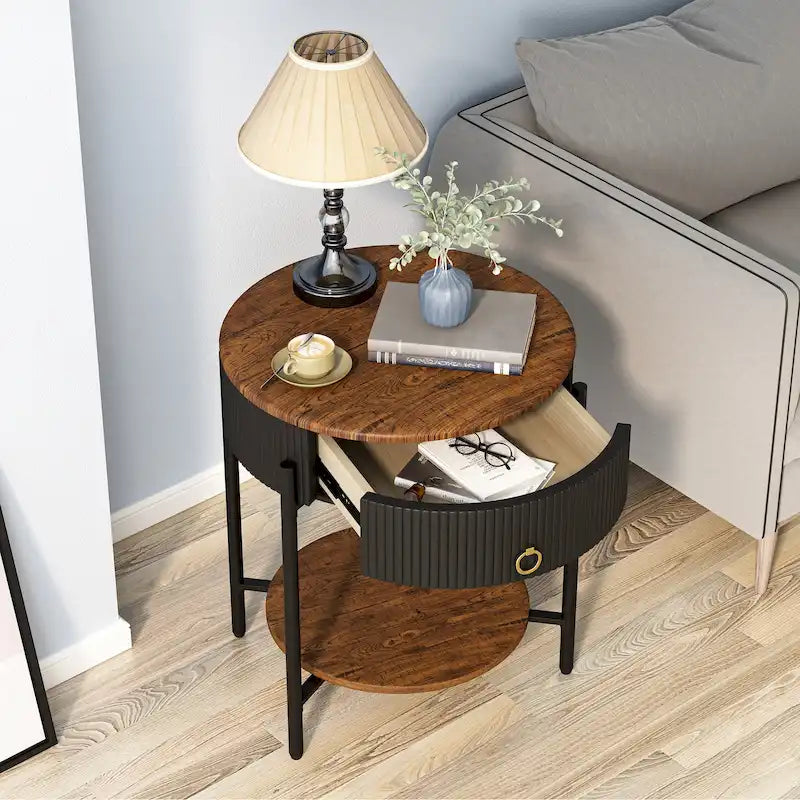 Tavolino moderno Myhozm con cassetto portaoggetti, comodino rotondo con gambe in metallo per soggiorno, camera da letto, ufficio