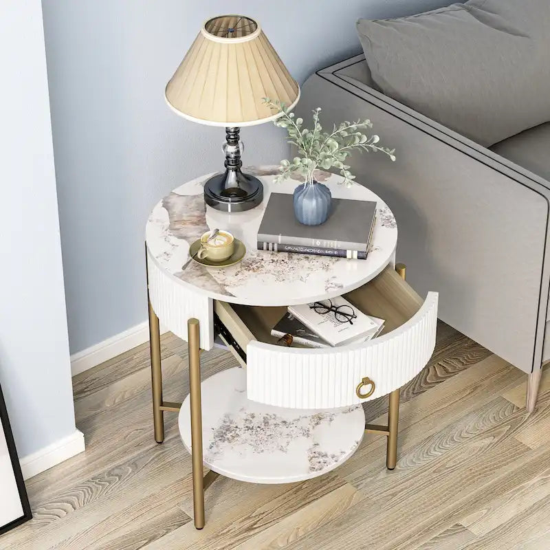 Tavolino moderno Myhozm con cassetto portaoggetti, comodino rotondo con gambe in metallo per soggiorno, camera da letto, ufficio