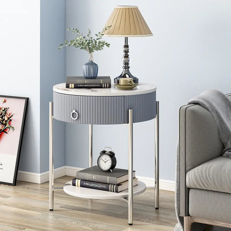 Tavolino moderno Myhozm con cassetto portaoggetti, comodino rotondo con gambe in metallo per soggiorno, camera da letto, ufficio