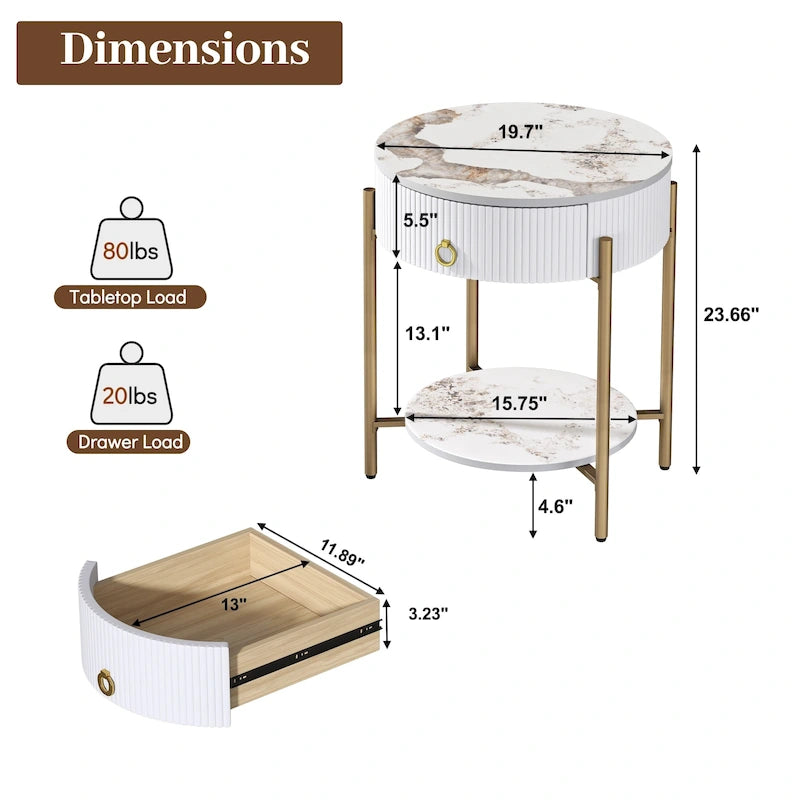 Tavolino moderno Myhozm con cassetto portaoggetti, comodino rotondo con gambe in metallo per soggiorno, camera da letto, ufficio