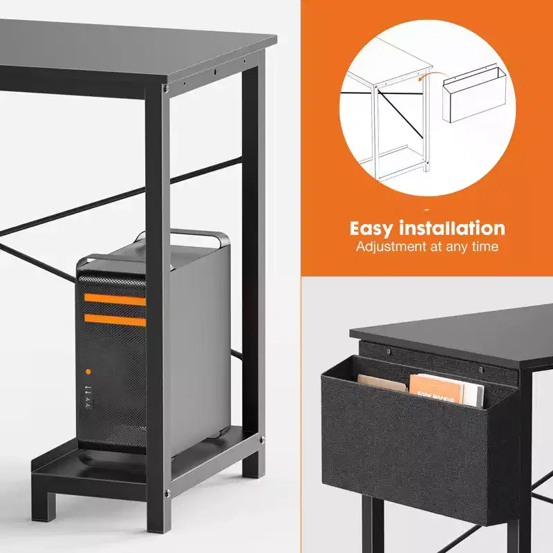 Scrivania a L larga 50" reversibile con borsa portaoggetti | Nera