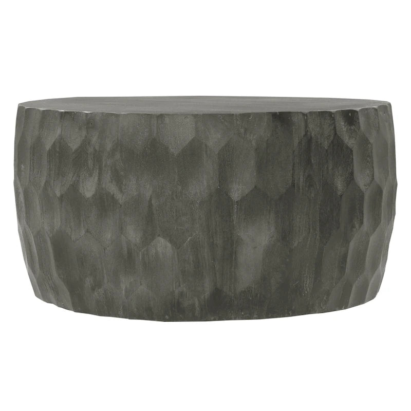 Tavolino da Caffè Rotondo in Legno da 33 Pollici con Motivo Geometrico Intagliato, Grigio