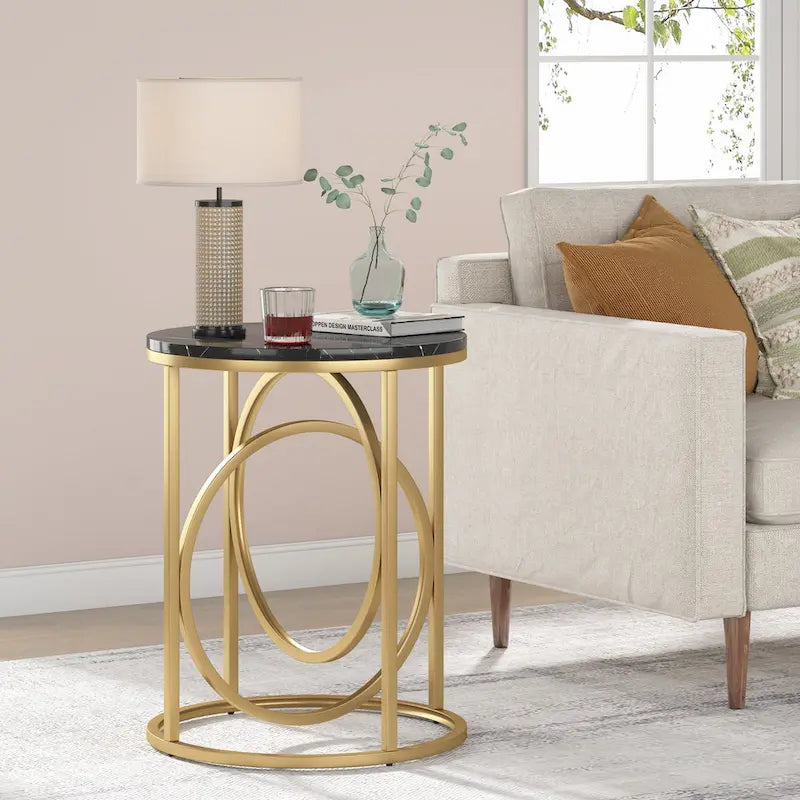 Tavolino rotondo in legno da 20 pollici con piano in marmo bianco e base a O dorata
