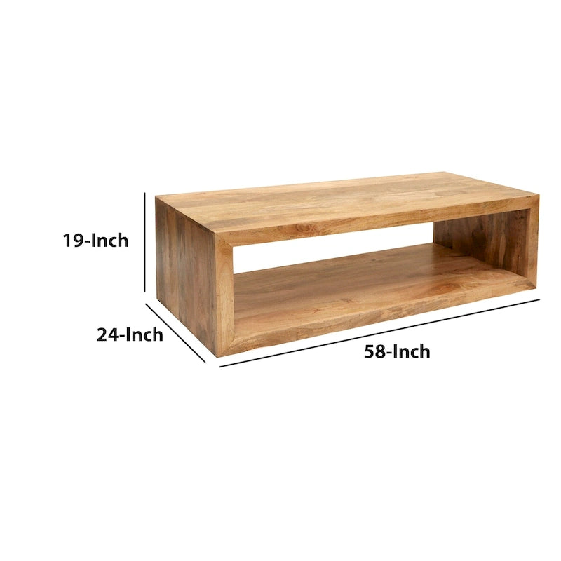 Tavolino da caffè Keli da 58 pollici in legno di mango, cubo aperto, 1 ripiano, marrone naturale