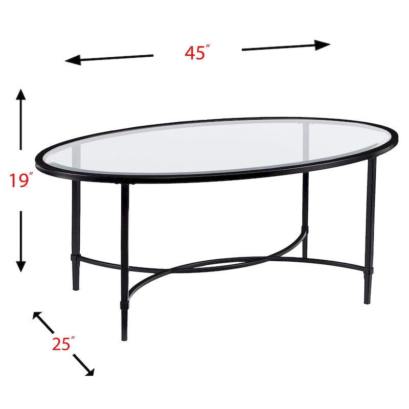 SEI Furniture Quaker Tavolino da Caffè Ovale in Metallo Nero Opaco con Piano in Vetro