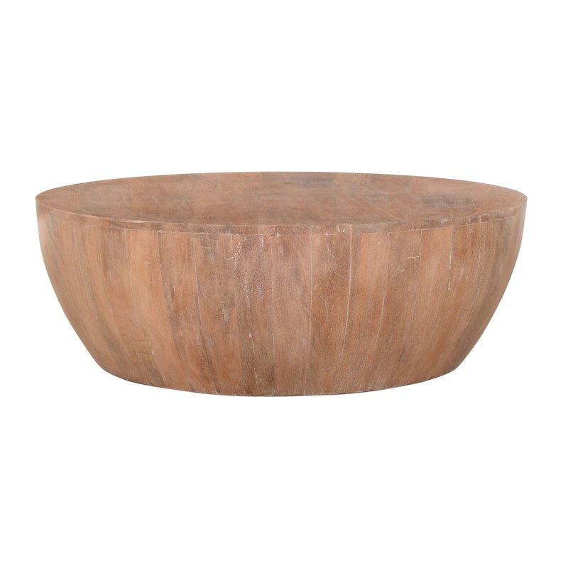 Table basse ronde en bois Arthur avec piètement à lattes, marron vieilli