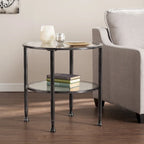 SEI Furniture Glenn Distressed Black Metal Round Side Table with Glass Top and Shelf