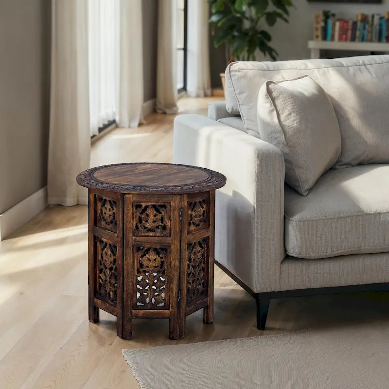 Tavolino pieghevole decorativo in legno di mango da 45 cm, intagliato a mano, marrone noce