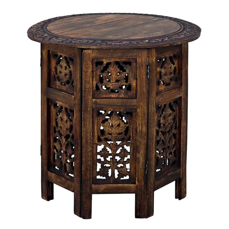 Tavolino pieghevole decorativo in legno di mango da 45 cm, intagliato a mano, marrone noce