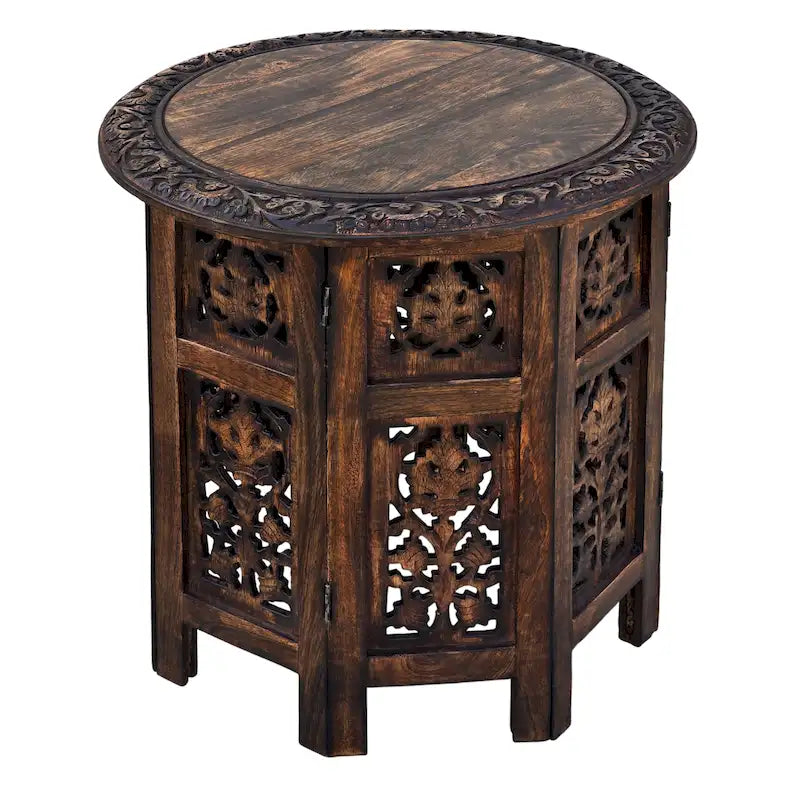 Tavolino pieghevole decorativo in legno di mango da 45 cm, intagliato a mano, marrone noce