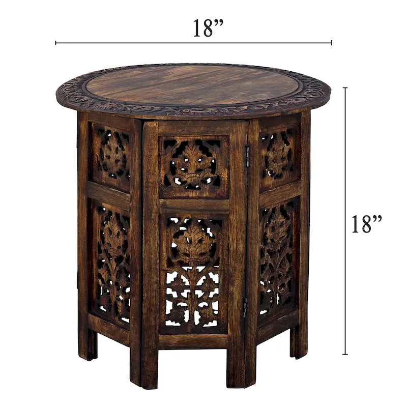 Tavolino pieghevole decorativo in legno di mango da 45 cm, intagliato a mano, marrone noce