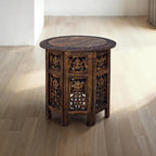 Tavolino pieghevole decorativo in legno di mango da 45 cm, intagliato a mano, marrone noce
