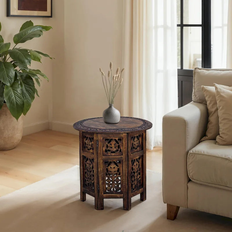 Tavolino pieghevole decorativo in legno di mango da 45 cm, intagliato a mano, marrone noce