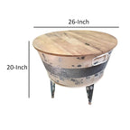 26 inch Accent Round Cocktail Table, Tub Like Iron Base, Brown, Gray, Washed White