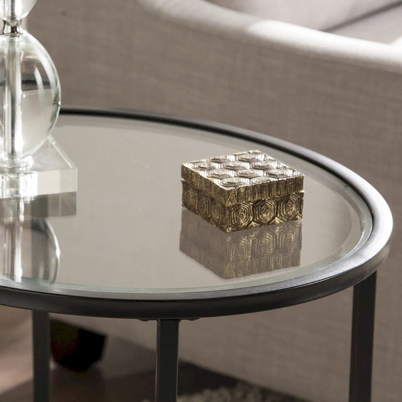 Tavolino Ovale in Metallo Quaker SEI Furniture con Volute e Vetro Temperato Smussato