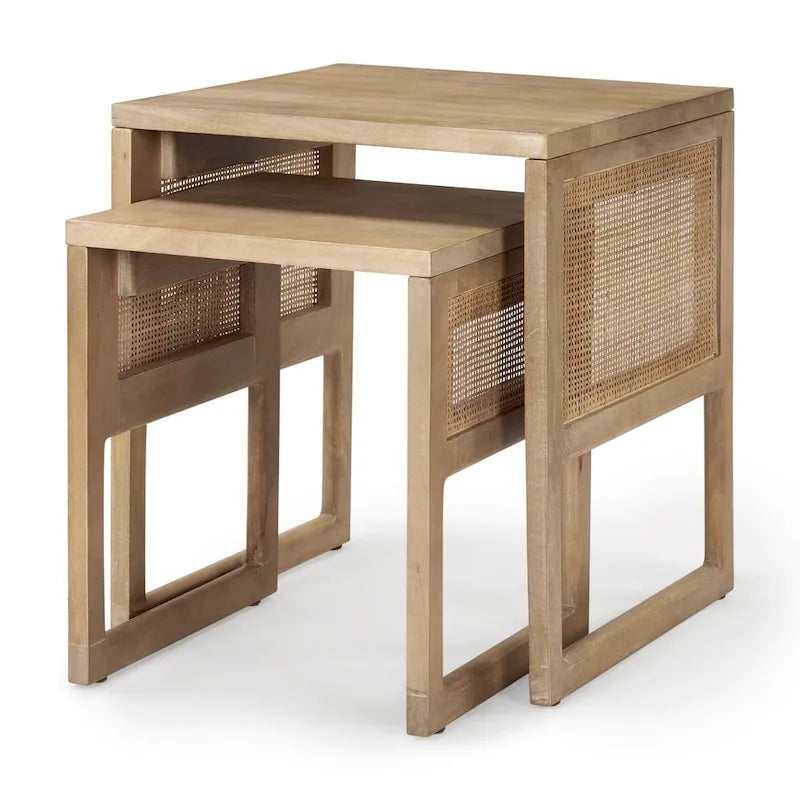 Tavolini ad incastro quadrati con struttura in legno massello e inserti in canna d'India Grier (set da 2) - 20L x 20P x 23A