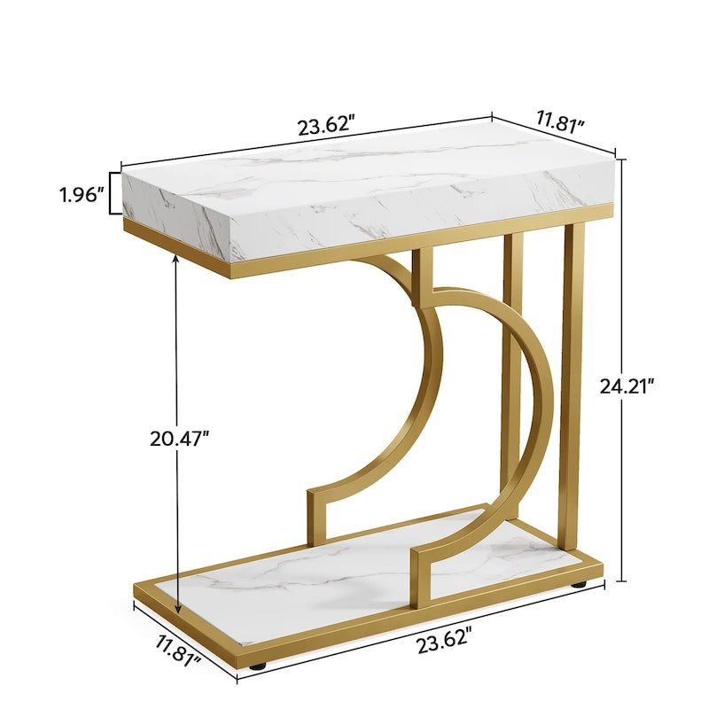 Tavolino stretto bianco, tavolino oro, tavolino a C, comodino moderno, tavolino piccolo per divano, soggiorno