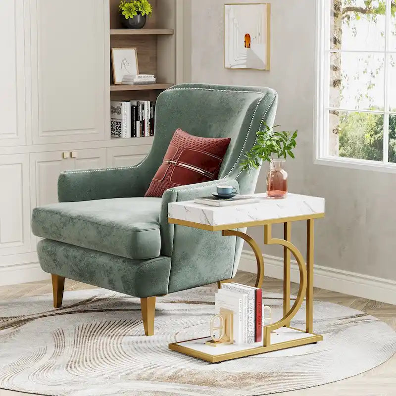 Tavolino stretto bianco, tavolino oro, tavolino a C, comodino moderno, tavolino piccolo per divano, soggiorno