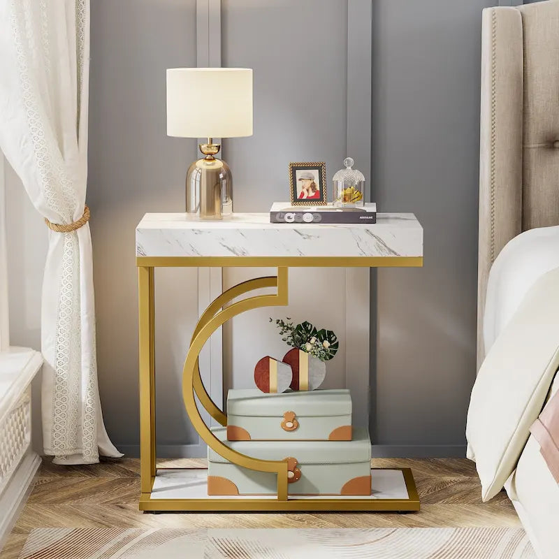 Tavolino stretto bianco, tavolino oro, tavolino a C, comodino moderno, tavolino piccolo per divano, soggiorno
