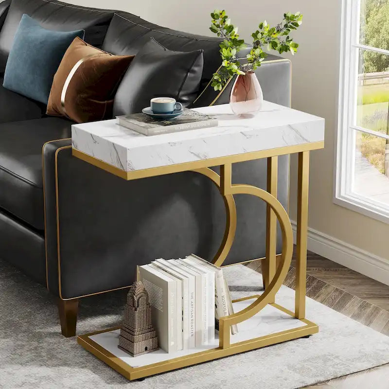 Tavolino stretto bianco, tavolino oro, tavolino a C, comodino moderno, tavolino piccolo per divano, soggiorno