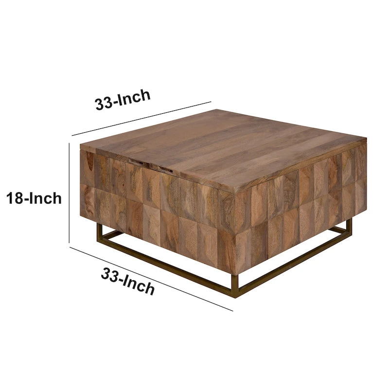 Tavolino da Caffè Baule Contenitore con Piano Sollevabile, Quadrato, Legno di Mango, Marrone Naturale, 33 Pollici