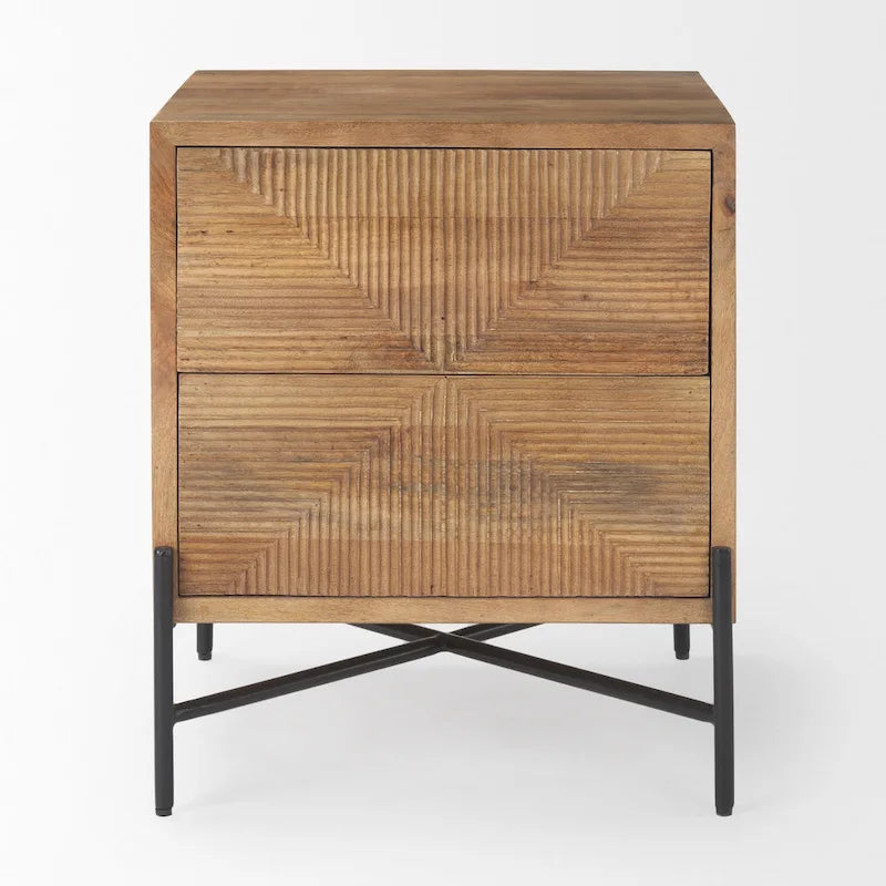 Tavolino d'appoggio Cairo in legno massello marrone chiaro con struttura in ferro nero e 2 cassetti - 22L x 22W x 26H