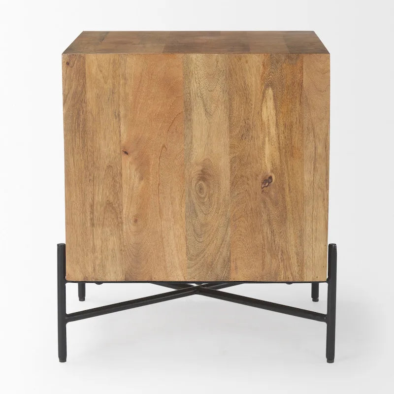 Tavolino d'appoggio Cairo in legno massello marrone chiaro con struttura in ferro nero e 2 cassetti - 22L x 22W x 26H