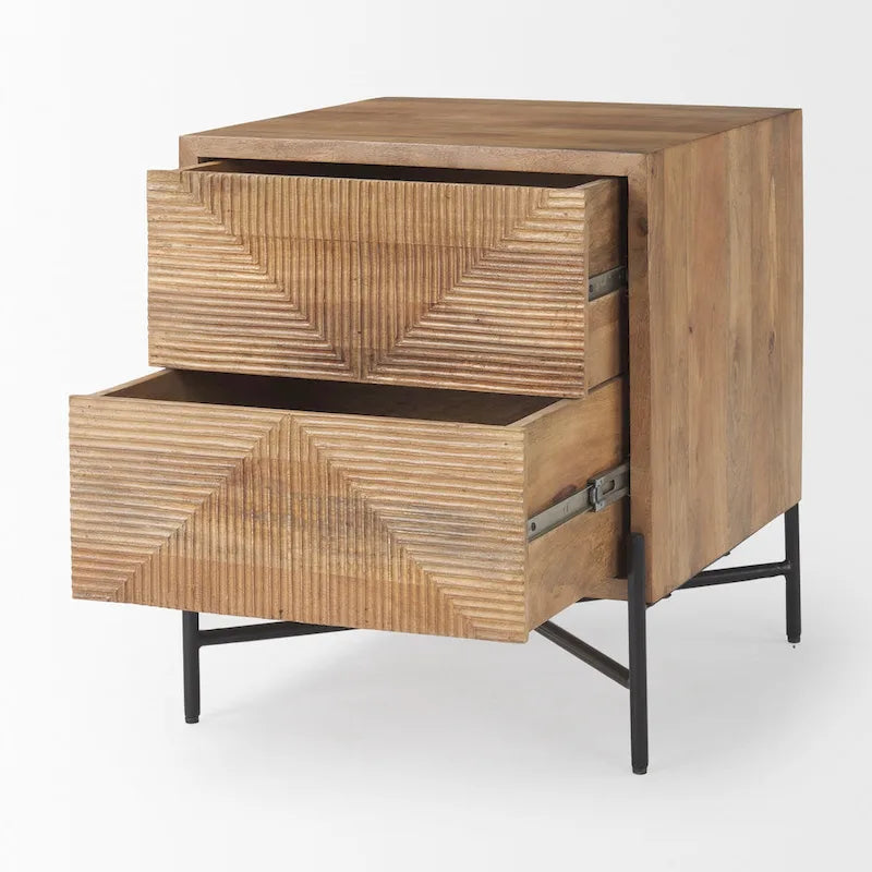 Tavolino d'appoggio Cairo in legno massello marrone chiaro con struttura in ferro nero e 2 cassetti - 22L x 22W x 26H