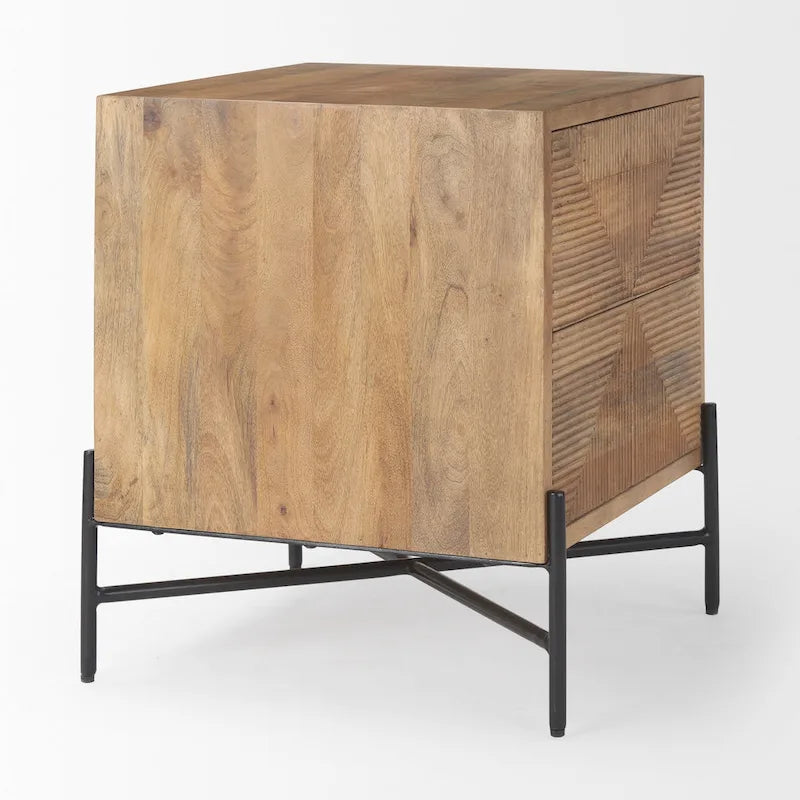 Tavolino d'appoggio Cairo in legno massello marrone chiaro con struttura in ferro nero e 2 cassetti - 22L x 22W x 26H