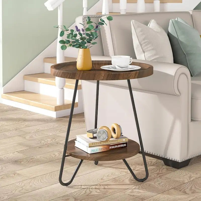 Table d'appoint ronde, table de bout en bois, table d'appoint de canapé à 2 niveaux avec pieds en métal