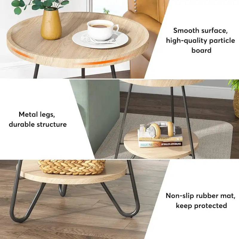 Table d'appoint ronde, table de bout en bois, table d'appoint de canapé à 2 niveaux avec pieds en métal