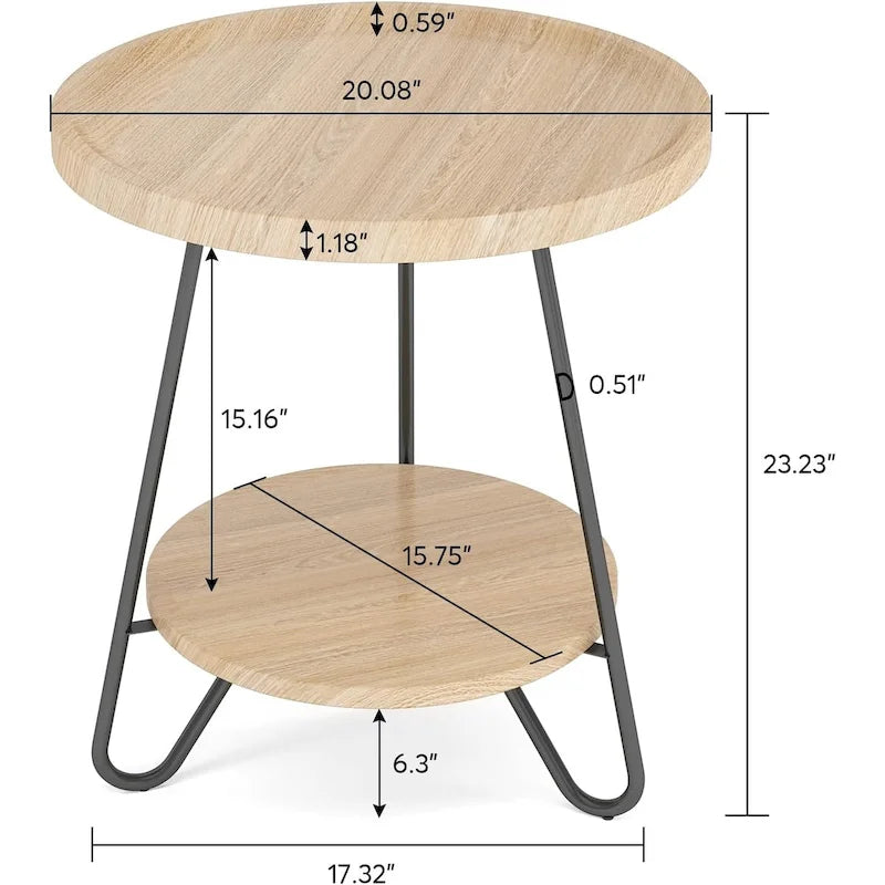 Table d'appoint ronde, table de bout en bois, table d'appoint de canapé à 2 niveaux avec pieds en métal