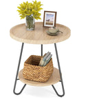 Table d'appoint ronde, table de bout en bois, table d'appoint de canapé à 2 niveaux avec pieds en métal