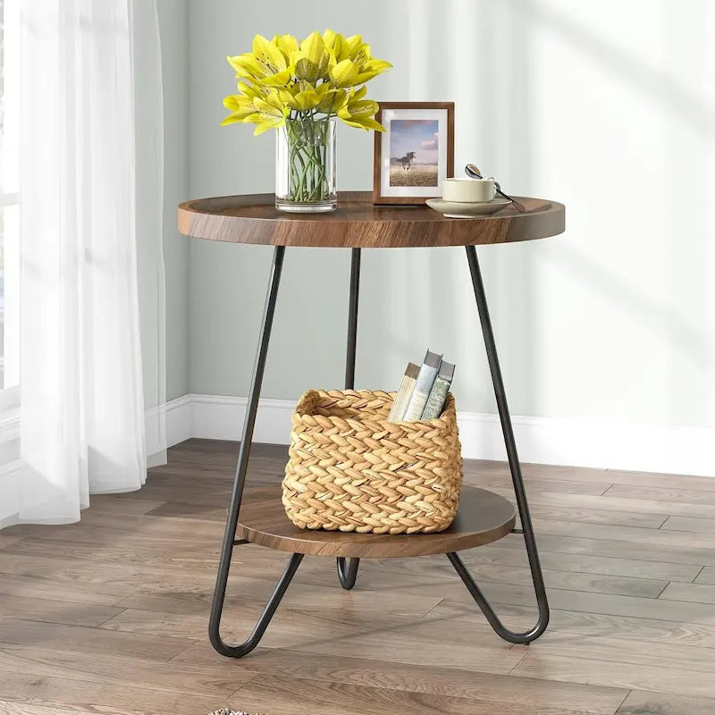 Table d'appoint ronde, table de bout en bois, table d'appoint de canapé à 2 niveaux avec pieds en métal