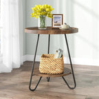 Table d'appoint ronde, table de bout en bois, table d'appoint de canapé à 2 niveaux avec pieds en métal
