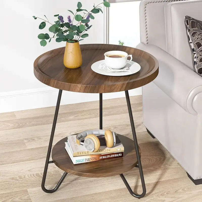 Table d'appoint ronde, table de bout en bois, table d'appoint de canapé à 2 niveaux avec pieds en métal