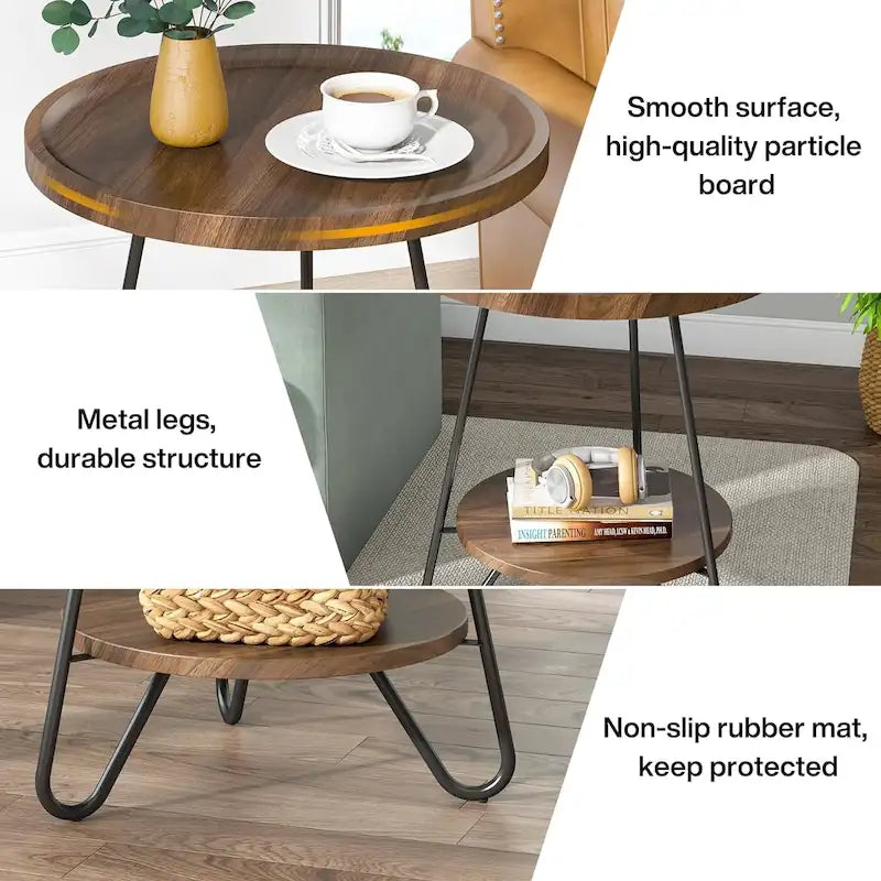 Table d'appoint ronde, table de bout en bois, table d'appoint de canapé à 2 niveaux avec pieds en métal