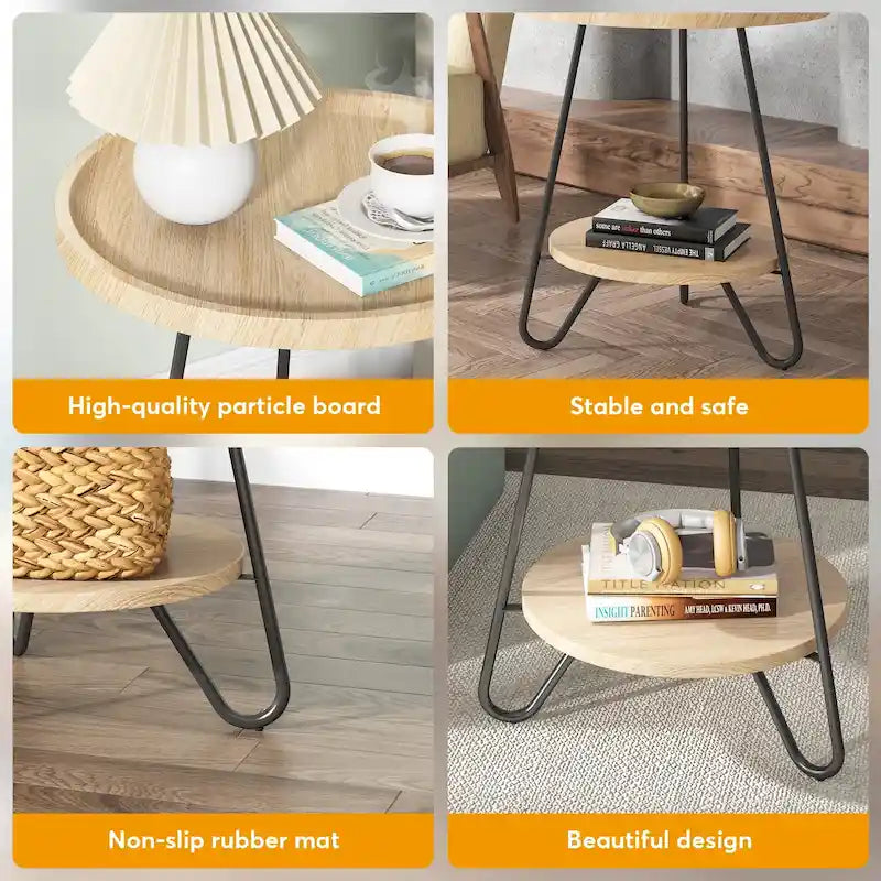 Table d'appoint ronde, table de bout en bois, table d'appoint de canapé à 2 niveaux avec pieds en métal