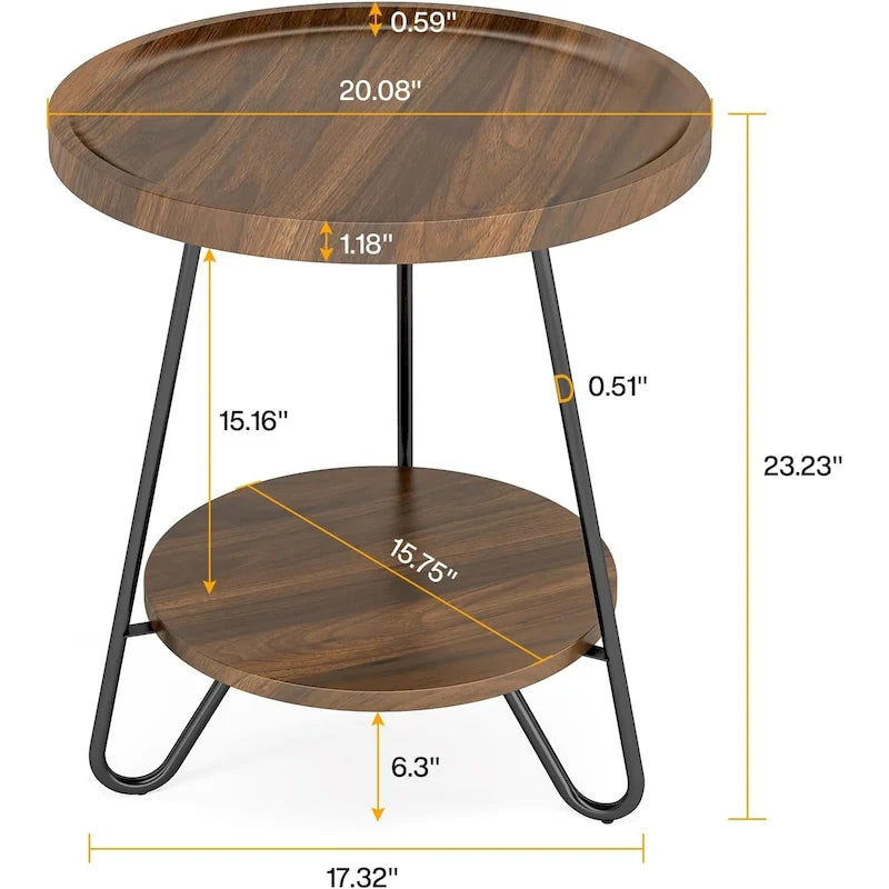 Table d'appoint ronde, table de bout en bois, table d'appoint de canapé à 2 niveaux avec pieds en métal