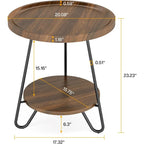 Table d'appoint ronde, table de bout en bois, table d'appoint de canapé à 2 niveaux avec pieds en métal