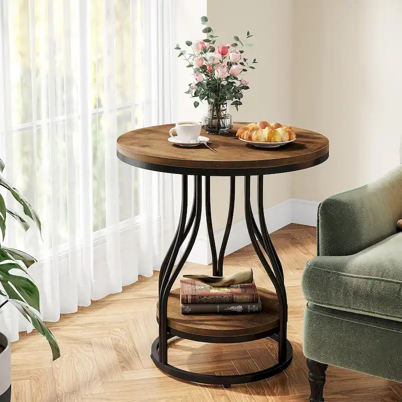 Tavolino da salotto rotondo a 2 ripiani in finto marmo con elegante struttura in metallo, comodino moderno e semplice