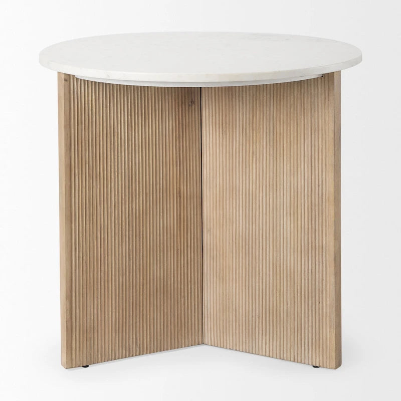 Tavolino rotondo Enzo in marmo bianco e legno massello scanalato marrone chiaro