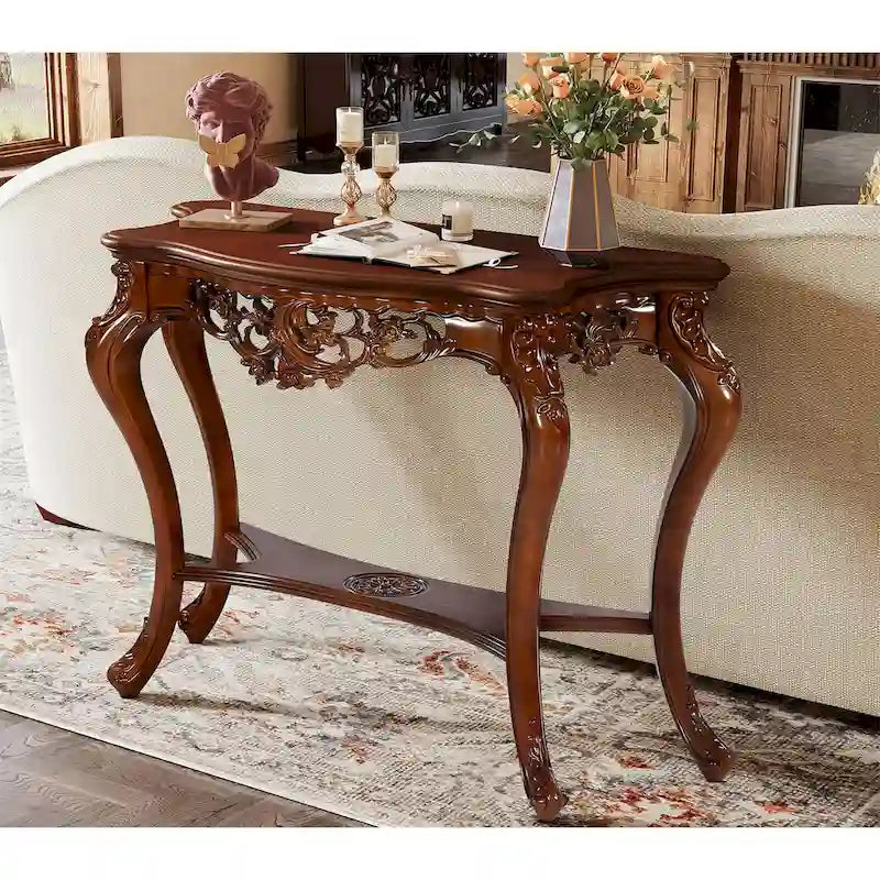 Classic Carving Two-Tier Console Table for Entryway Living Room
