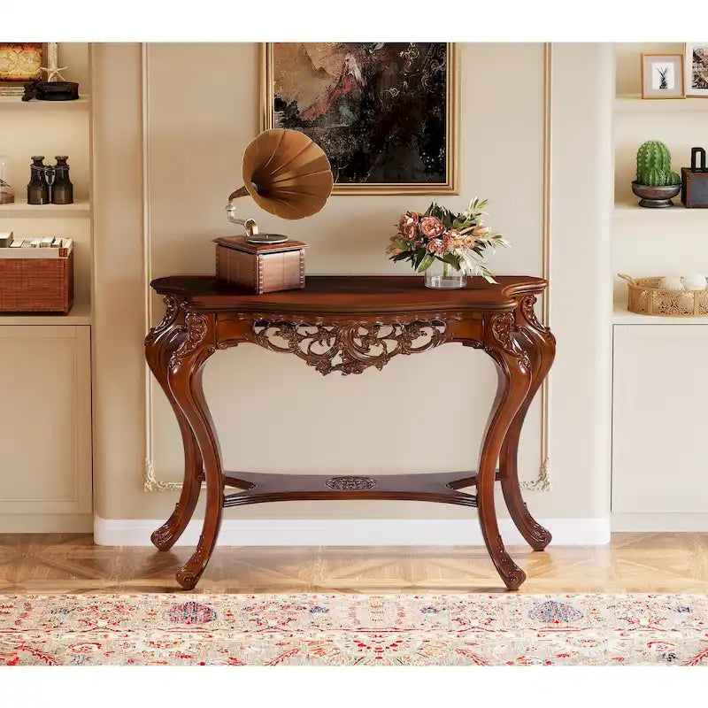 Classic Carving Two-Tier Console Table for Entryway Living Room