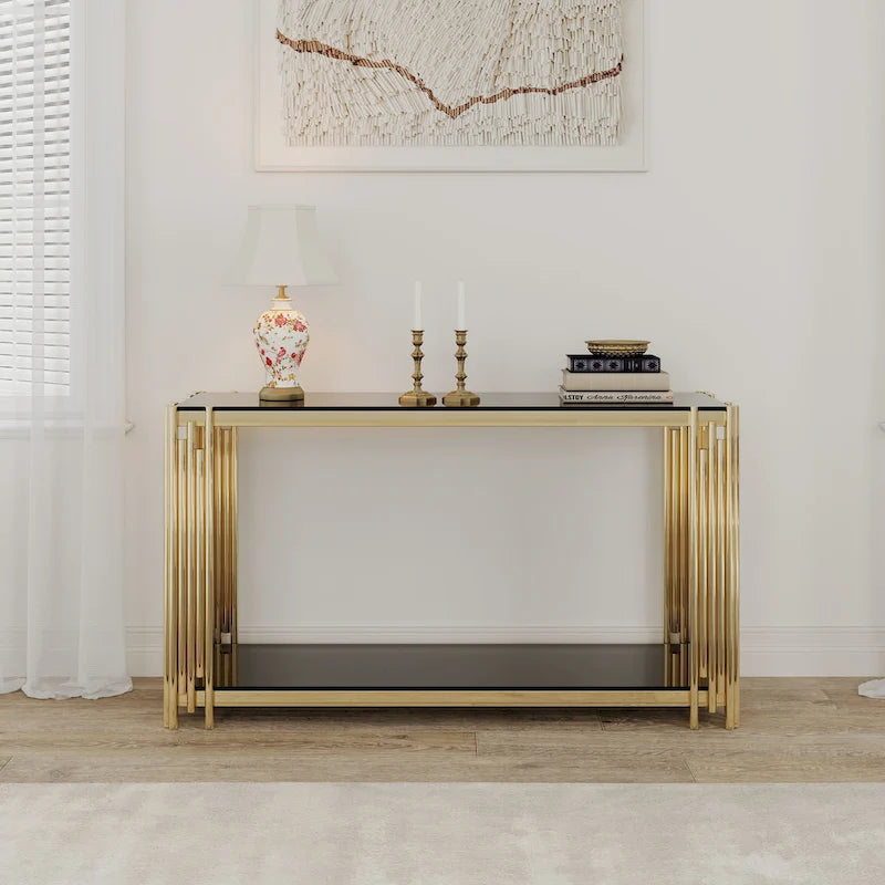 Consolle moderna in vetro, tavolo da divano da 55 con struttura in metallo robusta e piano in vetro temperato nero, per soggiorno, ingresso, B