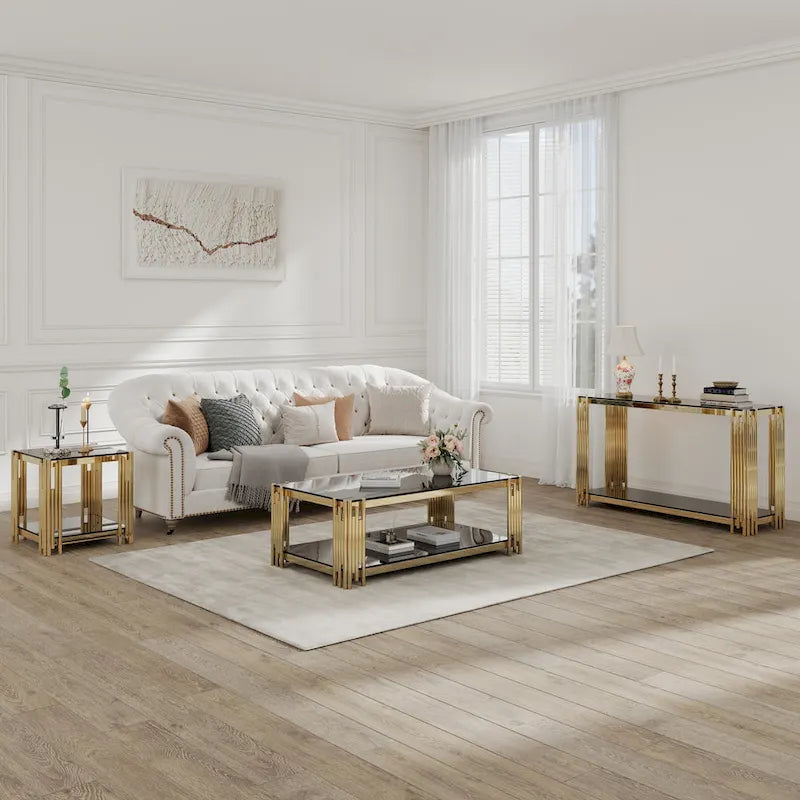 Consolle moderna in vetro, tavolo da divano da 55 con struttura in metallo robusta e piano in vetro temperato nero, per soggiorno, ingresso, B