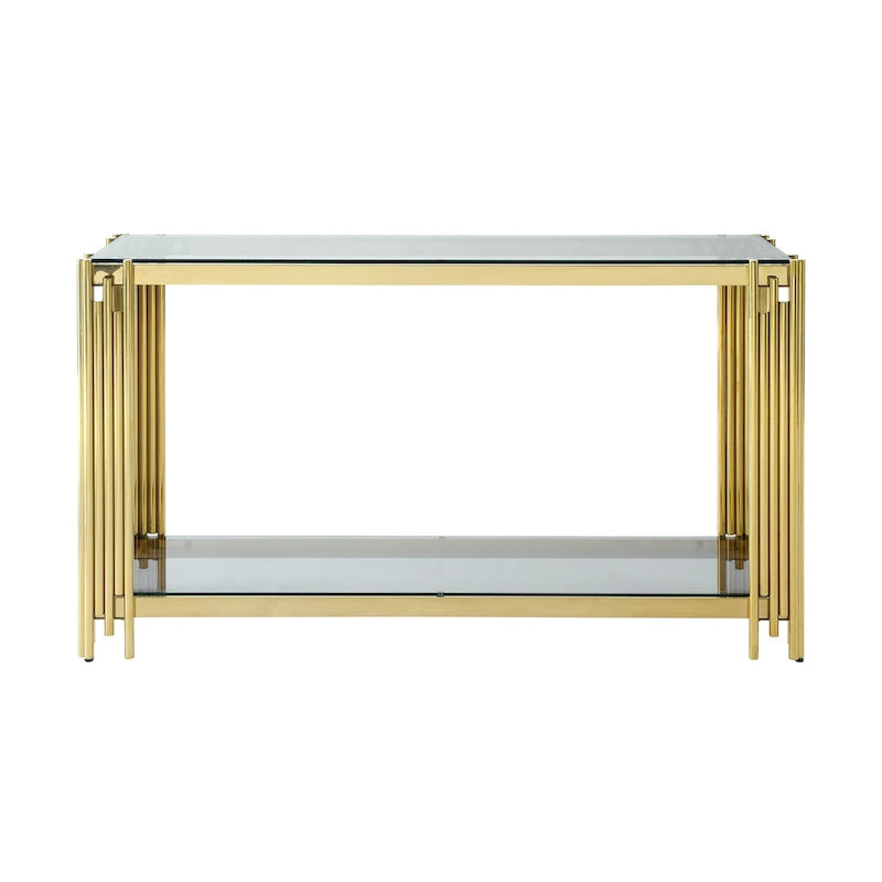 Consolle moderna in vetro, tavolo da divano da 55 con struttura in metallo robusta e piano in vetro temperato nero, per soggiorno, ingresso, B