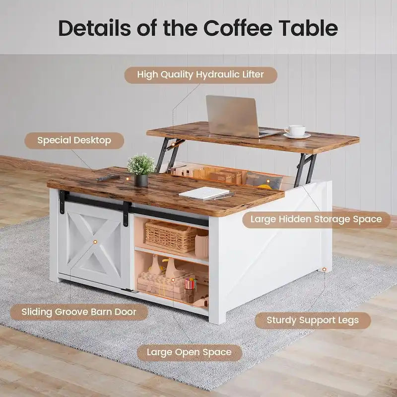 Tavolino da caffè con piano sollevabile, quadrato, con anta scorrevole a fienile e ripiano contenitore